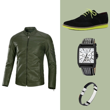 PACK AT-001 JACKET CUIR + BASKET NOIR + bracelet