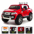 Ford Ranger Wildtrak de luxe Voiture-jouet électrique pour enfant, DEUX MOTEURS, deux sièges en cuir, Roues EVA douces, rouge, licence Ford originale