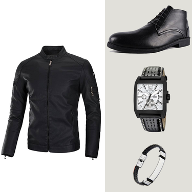 PACK AT-001 JACKET CUIR + Bottine NOIR + bracelet