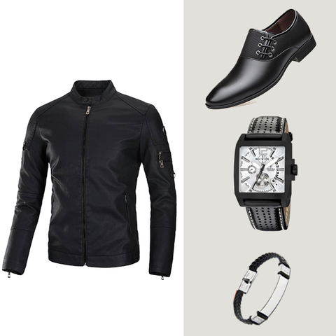 Jacket Cuir + Chaussures class + Montre + Bracelet+ Livraison Gratuit 🔥